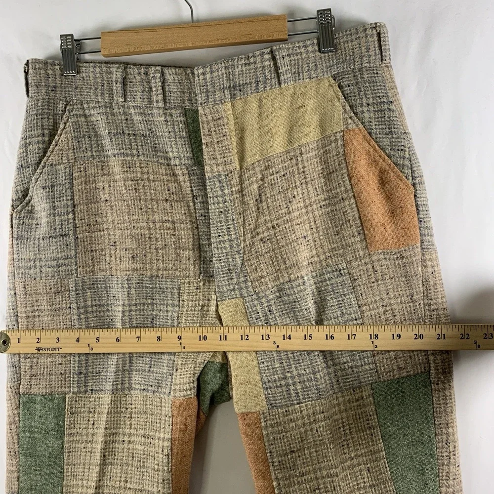 Vintage 70s Mens Patchwork Wool Tweed Pants 34x30 Lined MCM Retro Donegal Pastel